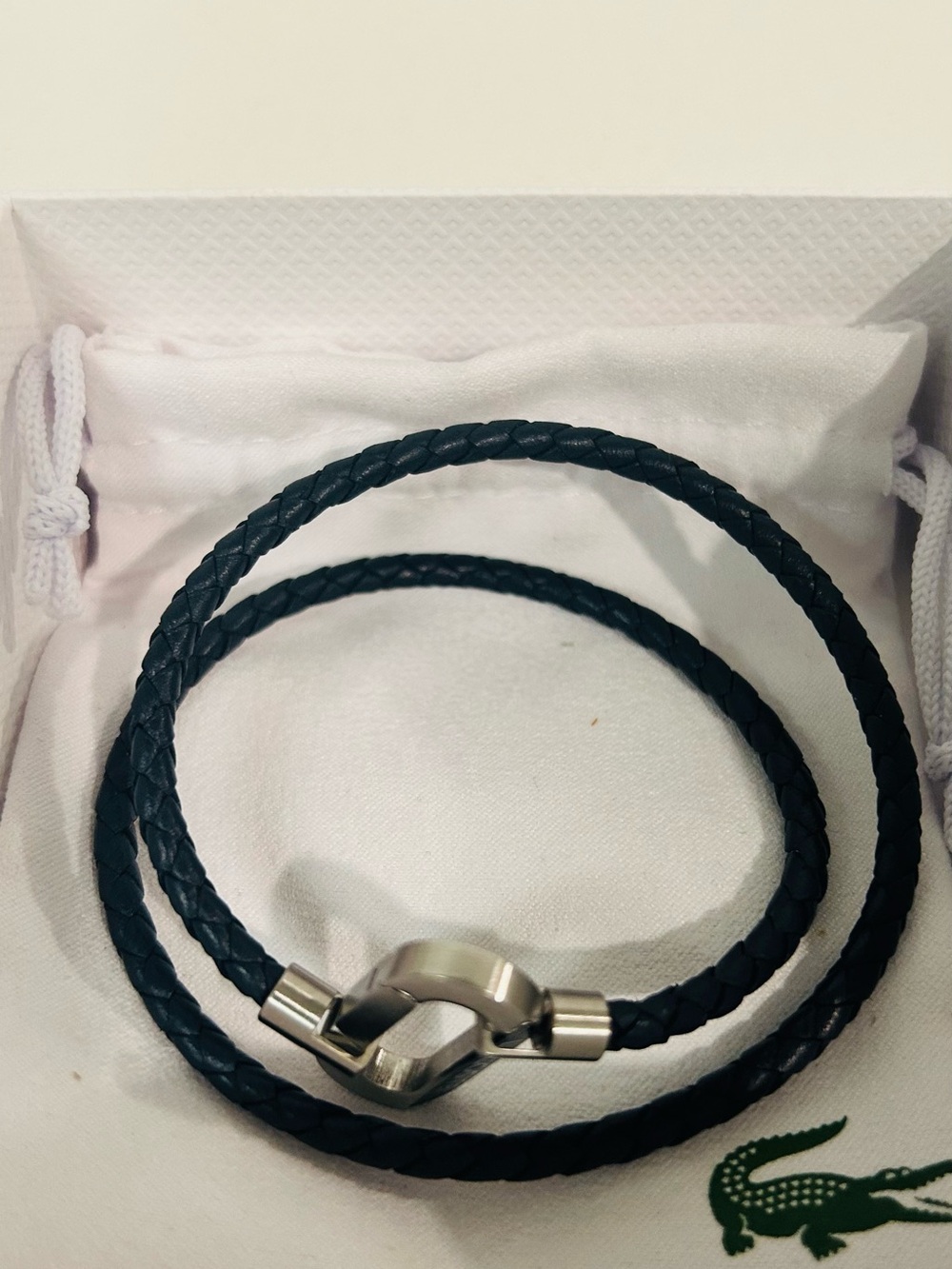 Lacoste Men's Black Braided Leather Wrap Bracelet with Stainless Clasp